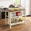 Solid Wood Rustic 3-piece 45" Stationary Kitchen Island Set with 2 Seatings, Rubber Wood Butcher Block Dining Table Set Prep Table Set with 2 Open She