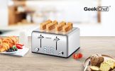 Toaster 4 Slice;  Geek Chef Stainless Steel Extra-Wide Slot Toaster with Dual Control Panels of Bagel/Defrost/Cancel Function(Sliver-Black)