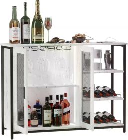 LED Farmhouse Coffee Bar Cabinet, Wine Cabinets with Removable Wine Rack, Buffet Cabinet with Motion Sensor for Kitchen, Dining (Color: White-43.3 l)