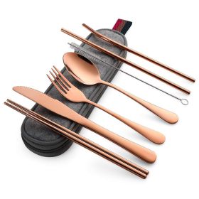 Titanium-plated Stainless Steel Portable Tableware (Option: Gray Bag Rose Gold Tableware)